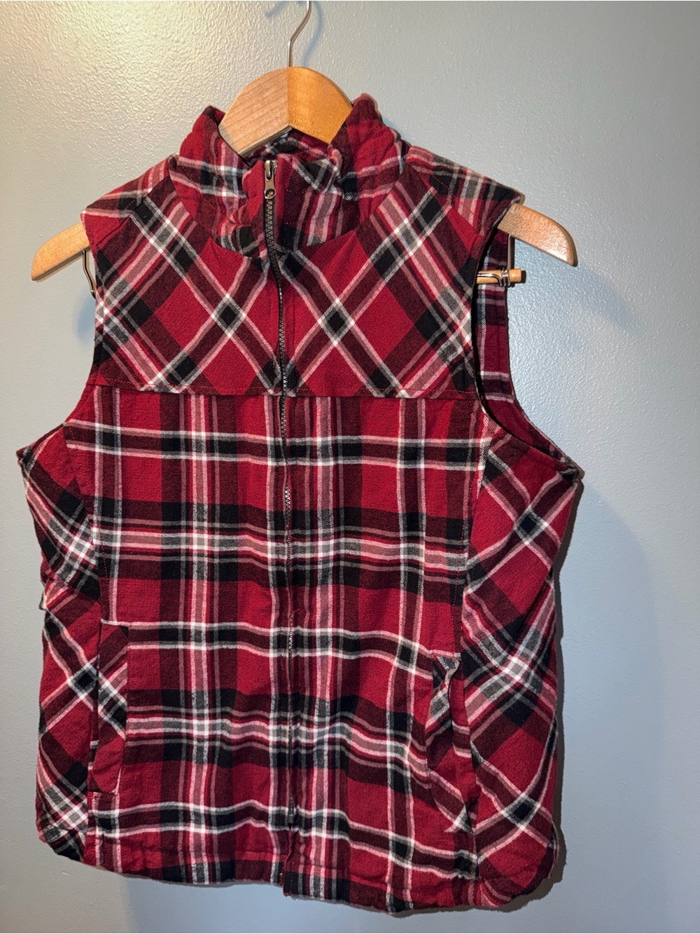 Women’s Red Plaid Quilted Vest with Stand Collar